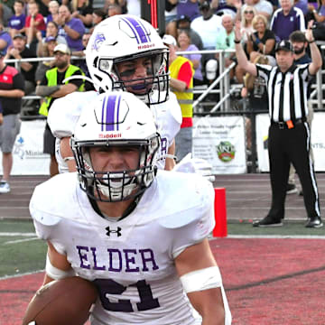 Tommy Becker celebrates his touchdown for Elder at the Elder vs. La Salle football game at Lancers Stadium, Sept. 12, 2025.