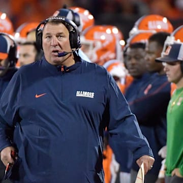 Sep 7, 2024; Champaign, Illinois, USA; Illinois Fighting Illini head coach Bret Bielema during the second half against the Kansas Jayhawks at Memorial Stadium. Mandatory Credit: Ron Johnson-Imagn Images