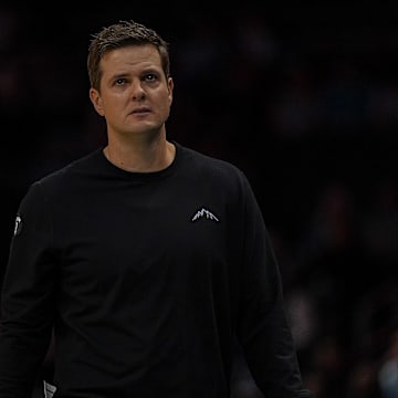 Nov 2, 2025; Charlotte, North Carolina, USA; Utah Jazz head coach Will Hardy during the first quarter against the Charlotte Hornets at Spectrum Center. Mandatory Credit: Jim Dedmon-Imagn Images
