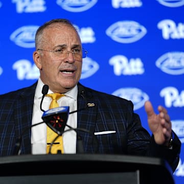 Jul 23, 2025; Charlotte, NC, USA; Pittsburgh Head Coach Pat Narduzzi answers questions from the media during ACC Media days at Hilton Charlotte Uptown. 