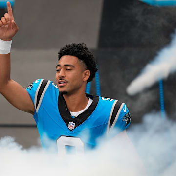 Carolina Panthers quarterback Bryce Young (9) takes the field against the Cleveland Browns during the first quarter at Bank of America Stadium.