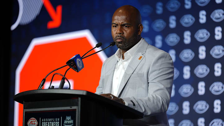 Jul 23, 2025; Charlotte, NC, USA; Syracuse Head Coach Fran Brown answers questions from the media during ACC Media days at Hilton Charlotte Uptown. Mandatory Credit: Jim Dedmon-Imagn Images