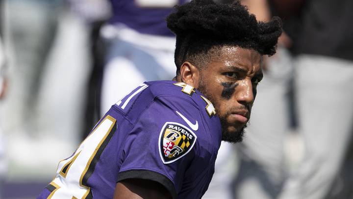 Sep 15, 2024; Baltimore, Maryland, USA; Baltimore Ravens cornerback Marlon Humphrey (44) on the field before the game against the Las Vegas Raiders  at M&T Bank Stadium. Mandatory Credit: Tommy Gilligan-Imagn Images