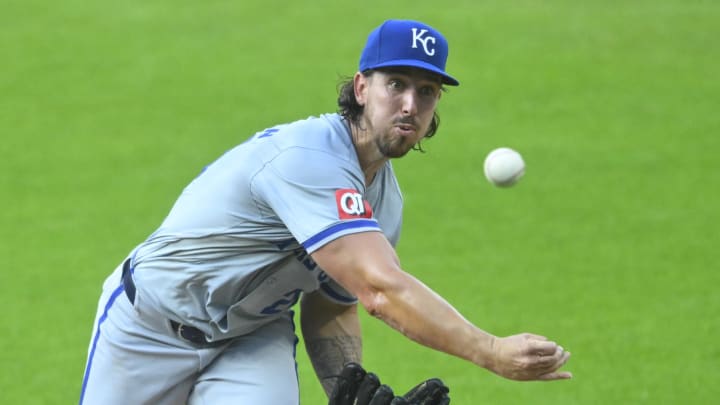 Aug 27, 2024; Cleveland, Ohio, USA; Kansas City Royals starting pitcher Michael Lorenzen (24) delivers a pitch in the first inning against the Cleveland Guardians at Progressive Field.