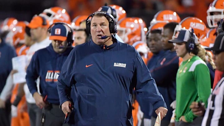 Sep 7, 2024; Champaign, Illinois, USA; Illinois Fighting Illini head coach Bret Bielema during the second half against the Kansas Jayhawks at Memorial Stadium. Mandatory Credit: Ron Johnson-Imagn Images