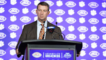 Jul 24, 2025; Charlotte, NC, USA;  Clemson Head Coach Dabo Swinney answers questions from the media during ACC Media Days at Hilton Charlotte Uptown. Mandatory Credit: Jim Dedmon-Imagn Images