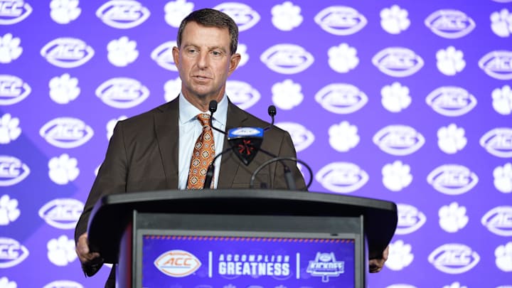 Jul 24, 2025; Charlotte, NC, USA;  Clemson Head Coach Dabo Swinney answers questions from the media during ACC Media Days at Hilton Charlotte Uptown. Mandatory Credit: Jim Dedmon-Imagn Images