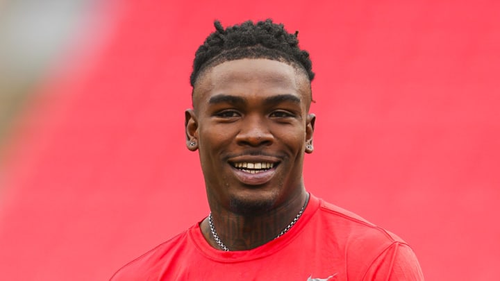 Aug 22, 2024; Kansas City, Missouri, USA; Kansas City Chiefs wide receiver Rashee Rice (4) warms up prior to a game against the Chicago Bears at GEHA Field at Arrowhead Stadium. Mandatory Credit: Jay Biggerstaff-USA TODAY Sports