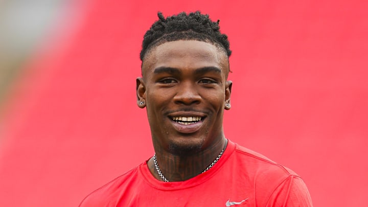 Aug 22, 2024; Kansas City, Missouri, USA; Kansas City Chiefs wide receiver Rashee Rice (4) warms up prior to a game against the Chicago Bears at GEHA Field at Arrowhead Stadium. Mandatory Credit: Jay Biggerstaff-Imagn Images