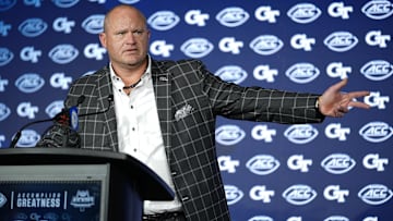 Jul 23, 2025; Charlotte, NC, USA; Georgia Tech Head Coach Brent Key answers questions from the media during ACC Media days at Hilton Charlotte Uptown. Mandatory Credit: Jim Dedmon-Imagn Images