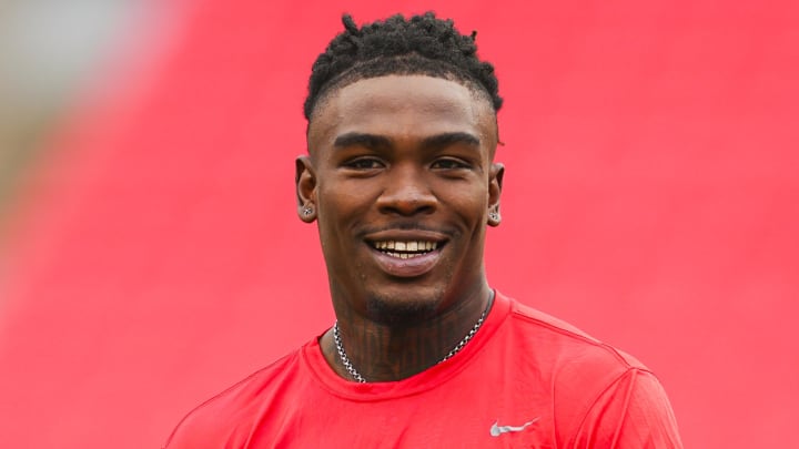 Aug 22, 2024; Kansas City, Missouri, USA; Kansas City Chiefs wide receiver Rashee Rice (4) warms up prior to a game against the Chicago Bears at GEHA Field at Arrowhead Stadium. Mandatory Credit: Jay Biggerstaff-USA TODAY Sports