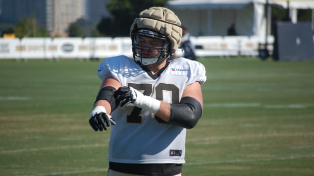 Trevor Penning at Saints training camp on Wednesday, Aug. 14.