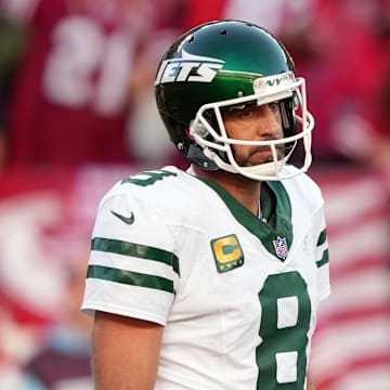 Sep 9, 2024; Santa Clara, California, USA; New York Jets quarterback Aaron Rodgers stands on the field.