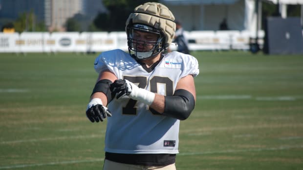 Trevor Penning at Saints training camp on Wednesday, Aug. 14.