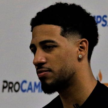 Tyrese Haliburton addresses the media at his ProCamp held Wednesday, August 28, 2024, at his alma mater, Oshkosh North High School.