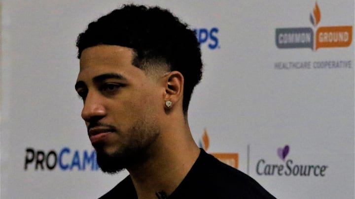 Tyrese Haliburton addresses the media at his ProCamp held Wednesday, August 28, 2024, at his alma mater, Oshkosh North High School.