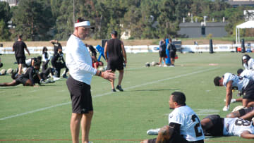 Dennis Allen and Johnathan Abram have a chat during stretch on Day 3 of Saints training camp.