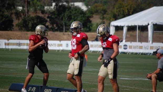 Derek Carr, Spencer Rattler and Jake Haener at Day 13 of Saints training camp.