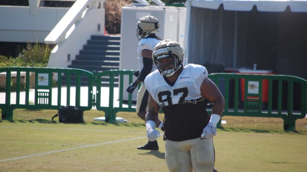 Khristian Boyd goes through drills during Saints training camp practice.