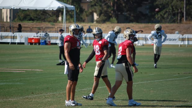 Saints quarterbacks Derek Carr, Spencer Rattler and Jake Haener at training camp practice.