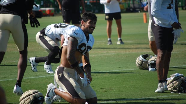 Samson Nacua during stretch at Saints training camp.