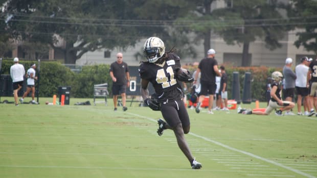 Alvin Kamara during Saints training camp practice.