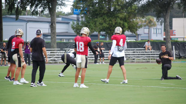 Saints quarterbacks Jake Haener, Spencer Rattler and Derek Carr at training camp practice.