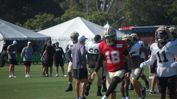 Spencer Rattler at Day 15 of Saints training camp practice.