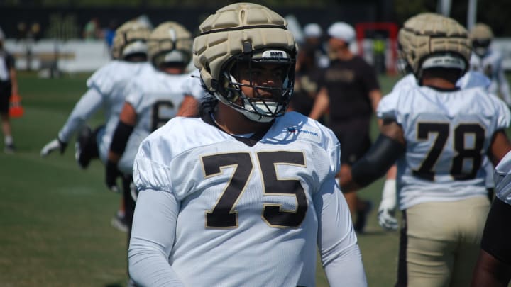 Taliese Fuaga at Saints training camp.