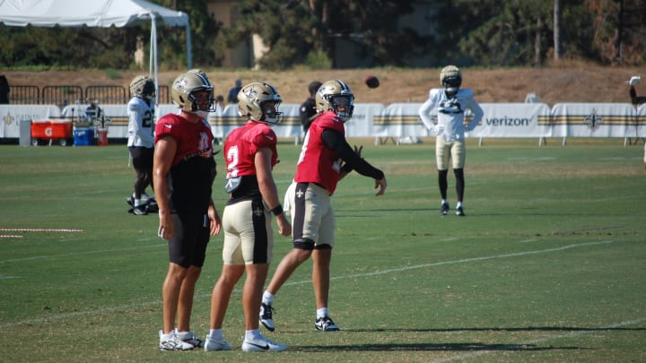 Derek Carr, Jake Haener and Spencer Rattler at Thursday's Saints training camp practice.