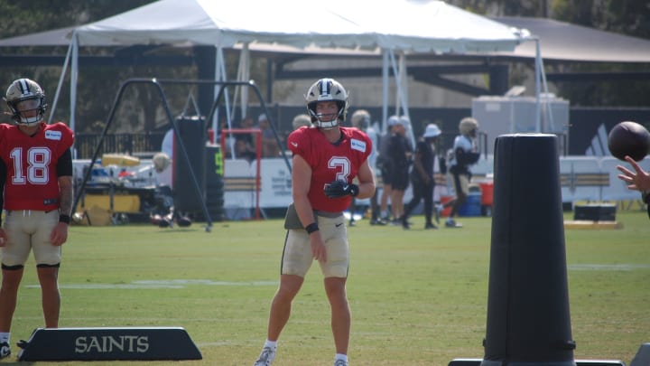 Jake Haener and Spencer Rattler at Saints training camp.