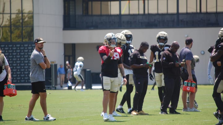 Spencer Rattler giving instructions at Saints training camp, Day 21.