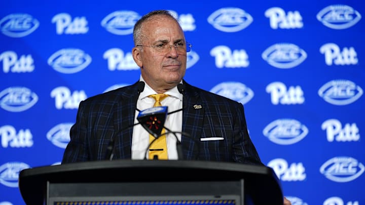 Jul 23, 2025; Charlotte, NC, USA; Pittsburgh Head Coach Pat Narduzzi answers questions from the media during ACC Media days at Hilton Charlotte Uptown. Mandatory Credit: Jim Dedmon-Imagn Images
