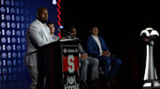 Jul 23, 2025; Charlotte, NC, USA; Syracuse Head Coach Fran Brown answers questions from the media during ACC Media days at Hilton Charlotte Uptown. Mandatory Credit: Jim Dedmon-Imagn Images