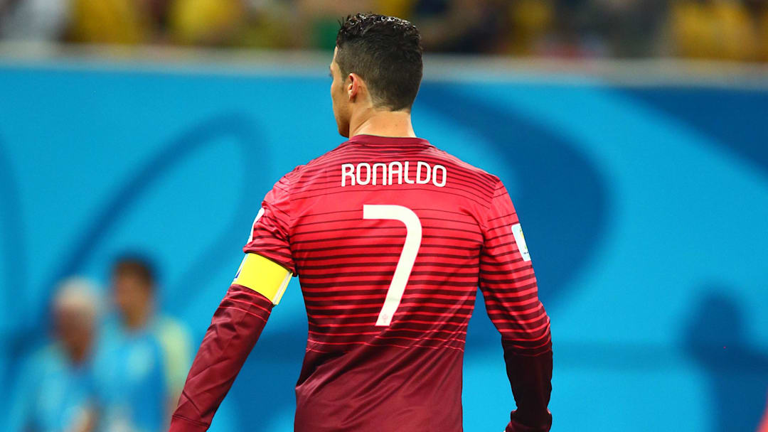 Jun 22, 2014; Manaus, Amazonas, BRAZIL; Portugal forward Cristiano Ronaldo (7) against USA during the 2014 World Cup at Arena Amazonia. The game ended in a 2-2 draw.  Mandatory Credit: Mark J. Rebilas-Imagn Images