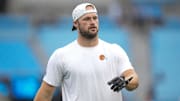 Aug 8, 2025; Charlotte, North Carolina, USA; Cleveland Browns tight end Brenden Bates (82) during pregame warm ups at Bank of America Stadium. Mandatory Credit: Jim Dedmon-Imagn Images