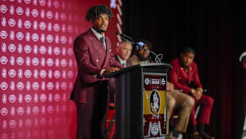 Jul 23, 2025; Charlotte, NC, USA; FSU quarterback Tommy Castellanos answers questions from the media during ACC Media days at Hilton Charlotte Uptown. Mandatory Credit: Jim Dedmon-Imagn Images