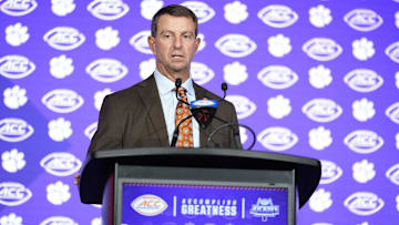 Jul 24, 2025; Charlotte, NC, USA;  Clemson Head Coach Dabo Swinney answers questions from the media during ACC Media Days at Hilton Charlotte Uptown. Mandatory Credit: Jim Dedmon-Imagn Images