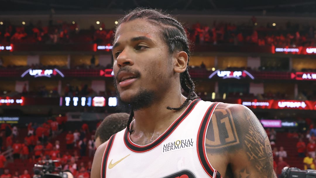 May 4, 2025; Houston, Texas, USA; Houston Rockets guard Jalen Green (4) walks off the court after game seven of the first round for the 2025 NBA Playoffs against the Golden State Warriors at Toyota Center. Mandatory Credit: Troy Taormina-Imagn Images