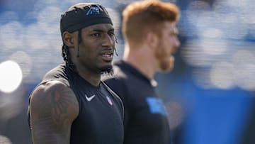 Carolina Panthers wide receiver Xavier Legette (17) and quarterback Andy Dalton (14) during pregame warmups against the Kansas City Chiefs at Bank of America Stadium.