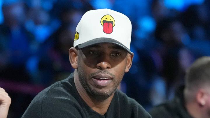 Dec 13, 2025; Las Vegas, Nevada, USA; Chris Paul (right) and Tony Parker watch during the Emirates NBA Cup semifinals game between the San Antonio Spurs and Oklahoma City Thunder at T-Mobile Arena. Mandatory Credit: Kirby Lee-Imagn Images