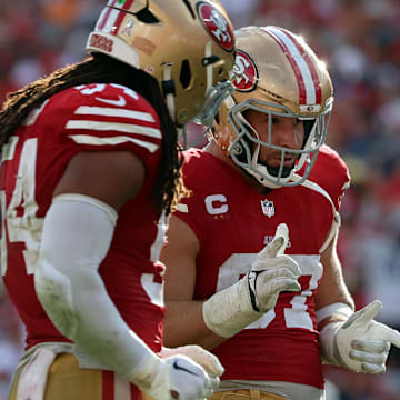 Nov 10, 2024; Tampa, Florida, USA; San Francisco 49ers defensive end Nick Bosa (97) celebrates after he sacks Tampa Bay Buccaneers quarterback Baker Mayfield (6) (not pictured) during the second half at Raymond James Stadium. Mandatory Credit: Kim Klement Neitzel-Imagn Images