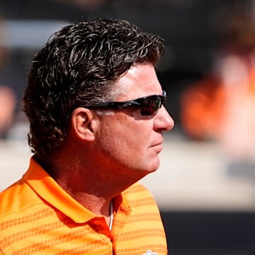 Oklahoma State head coach Mike Gundy is pictured before the college football game between the Oklahoma State Cowboys and the Arkansas Razorbacks at Boone Pickens Stadium in Stillwater, Okla.,, Saturday, Sept., 7, 2024.