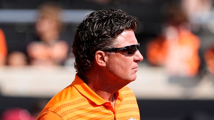 Oklahoma State head coach Mike Gundy is pictured before the college football game between the Oklahoma State Cowboys and the Arkansas Razorbacks at Boone Pickens Stadium in Stillwater, Okla.,, Saturday, Sept., 7, 2024.