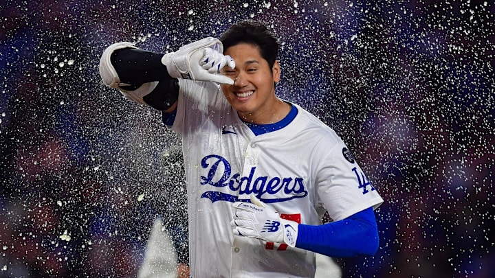 Ohtani celebrates after hitting a walk-off home run. 