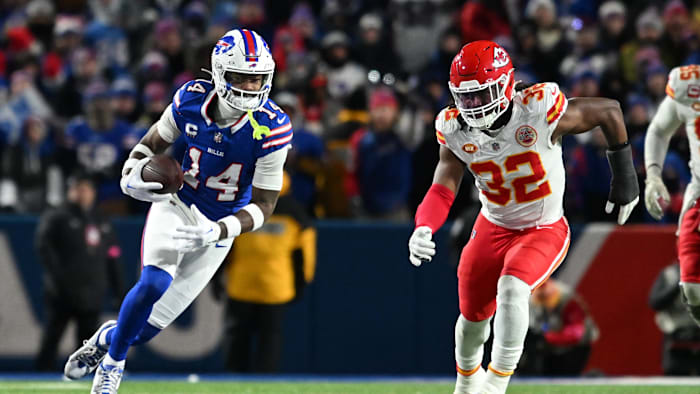 Jan 21, 2024; Orchard Park, New York, USA; Buffalo Bills wide receiver Stefon Diggs (14) makes a