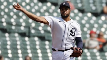 Sep 14, 2022; Detroit, Michigan, USA;  Detroit Tigers third baseman Jeimer Candelario (46) makes a throw in the third inning against the Houston Astros at Comerica Park.