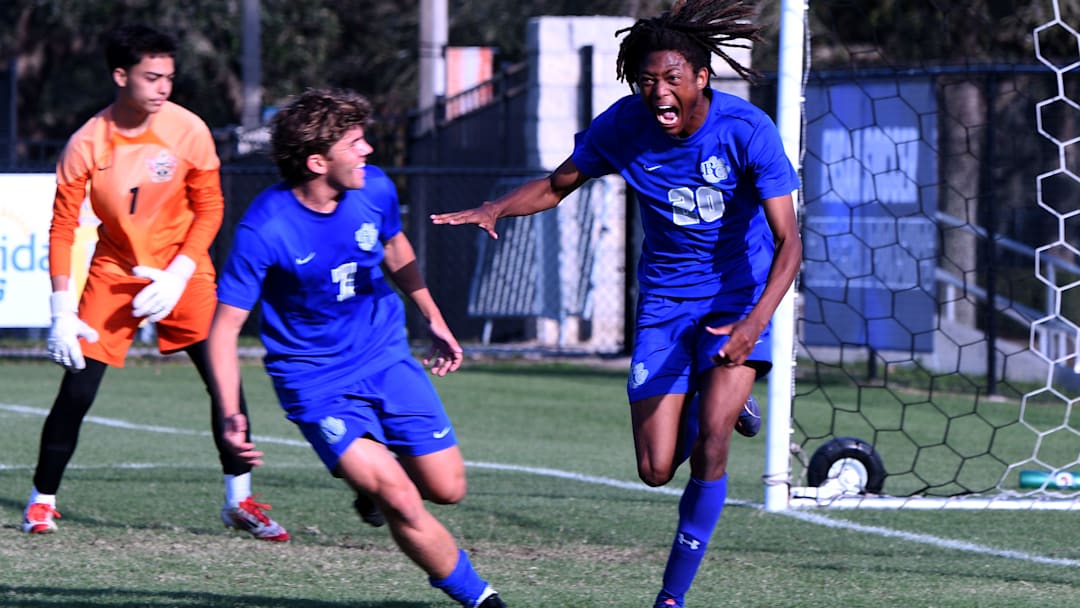 Barron Collier senior forward Marc Schmidt celebrates after scoring the second goal of the game during the Class 4A state championship game against Mater Lakes on Friday at Lake Myrtle Sports Complex on Friday.