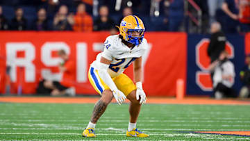 Oct 18, 2025; Syracuse, New York, USA; Pittsburgh Panthers linebacker Cameron Lindsey (24) during the first half against the Syracuse Orange at the JMA Wireless Dome. Mandatory Credit: Rich Barnes-Imagn Images