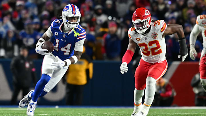 Jan 21, 2024; Orchard Park, New York, USA; Buffalo Bills wide receiver Stefon Diggs (14) makes a catch against Kansas City Chiefs linebacker Nick Bolton (32) in the first half of the 2024 AFC divisional round game at Highmark Stadium. Mandatory Credit: Mark Konezny-Imagn Images Jan 21, 2024; Orchard Park, New York, USA; Buffalo Bills wide receiver Stefon Diggs (14) makes a catch against Kansas City Chiefs linebacker Nick Bolton (32) in the first half of the 2024 AFC divisional round game at Highmark Stadium. Mandatory Credit: Mark Konezny-Imagn Images